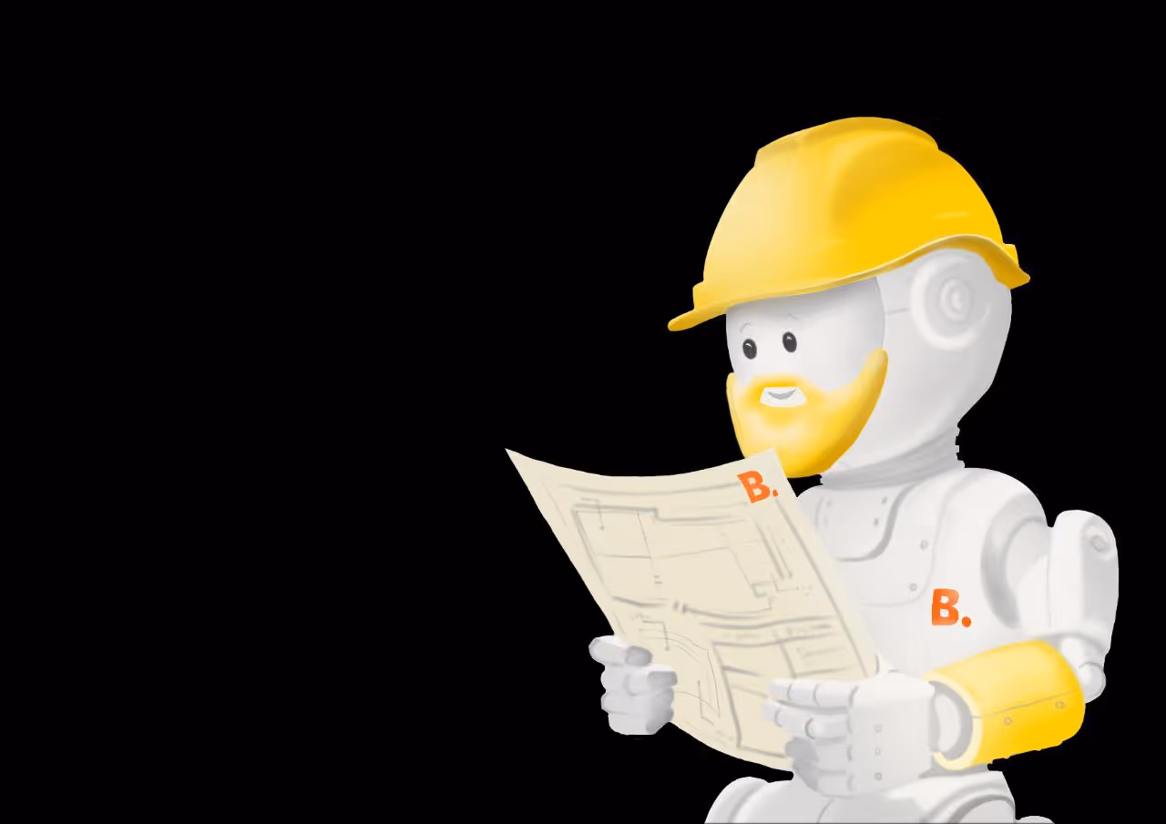 The Blocks mascot reading a construction plan
